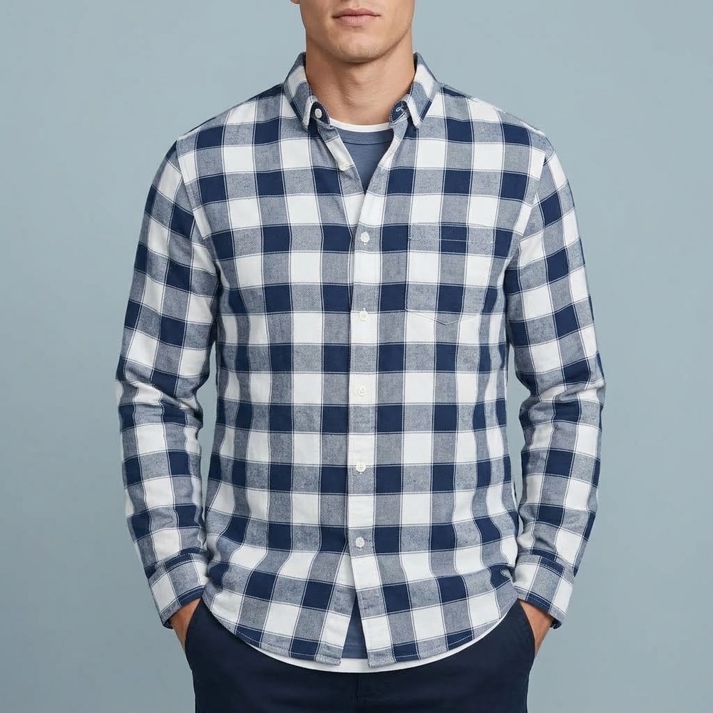 Express Soft Wash Button Front Plaid Flannel Shirt Mens L Blue White